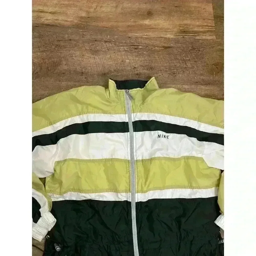 Vtg 90s Nike Spell Out Striped Green Tan Windbreaker Full Zip Track Jacket M